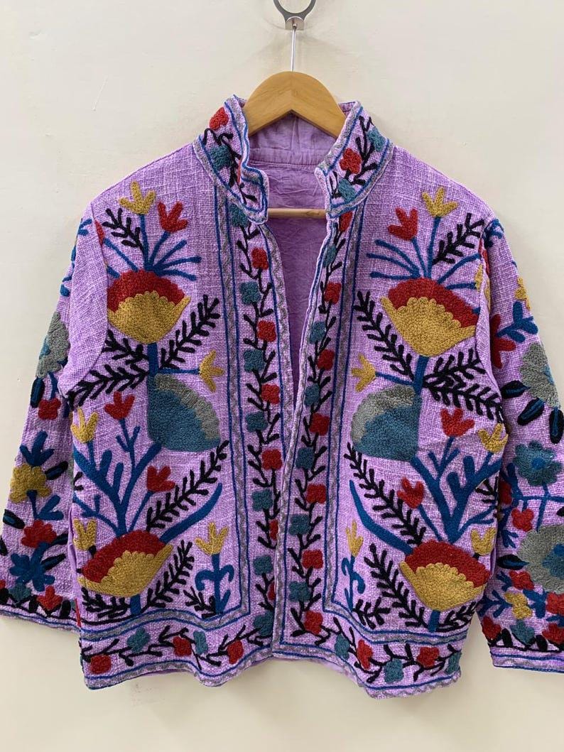 Embroidered Cotton Velvet Jacket | Floral Folk Art Boho Style Coat Bohozani