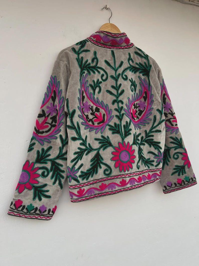 Handmade Suzani Velvet Cropped Jacket | Embroidered Floral Bohemian Coat |Gift For Her Bohozani