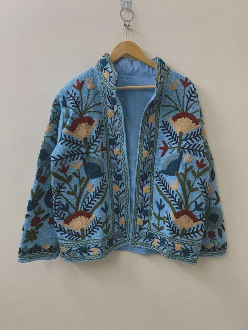 Embroidered Cotton Velvet Suzani Jacket | Floral Folk Art Boho Outerwear Bohozani