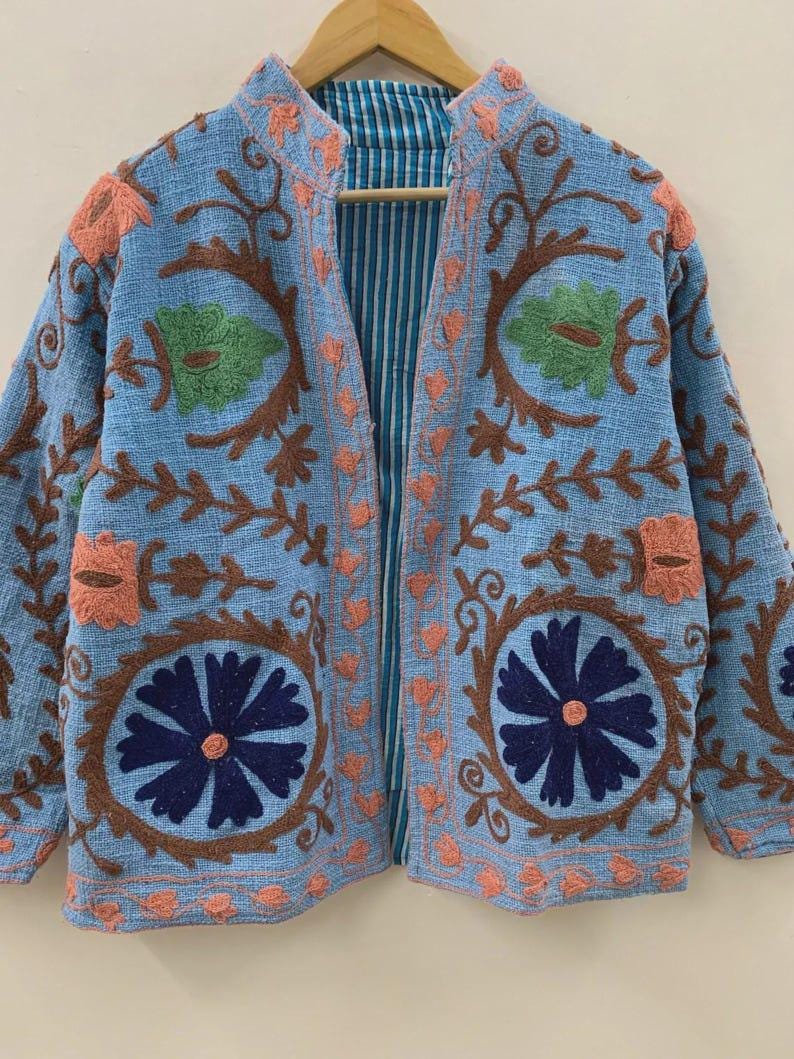 Embroidered Cotton Velvet Suzani Jacket | Boho Floral Ethnic Coat Bohozani