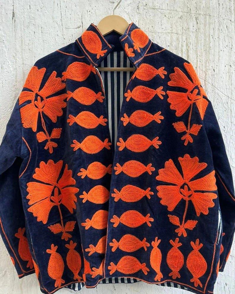 Navy Velvet Suzani Embroidered Kimono Jacket | Uzbek Artisan Boho Coat Bohozani