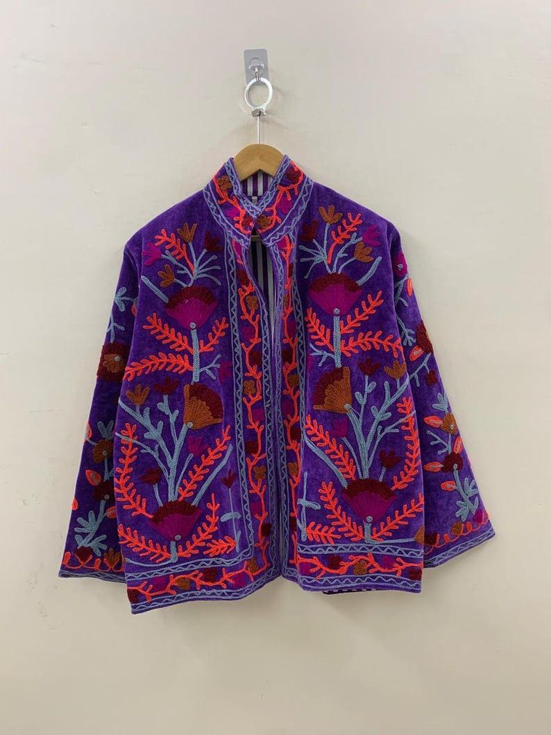 Unique Purple Color Velvet Suzani Jacket – Hand-Embroidered Boho Ethnic Kimono Outerwear Bohozani