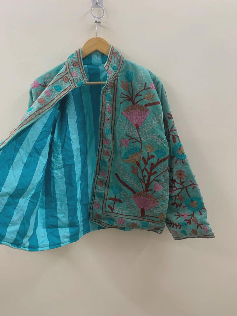 Green Velvet Floral Suzani Embroidered Jacket | Uzbek Boho Festival Duster Outerwear Bohozani