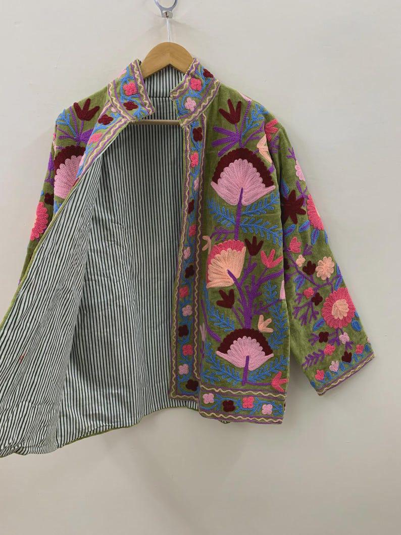 Antique Handmade Velvet Suzani Jacket – Hand-Embroidered Boho Ethnic Kimono Outerwear Bohozani