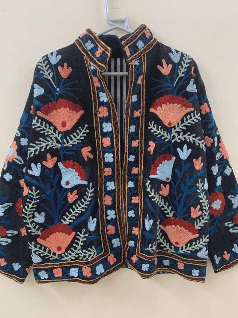 Grey Suzani Velvet Jacket | Embroidered Floral Folk Art Coat Bohozani