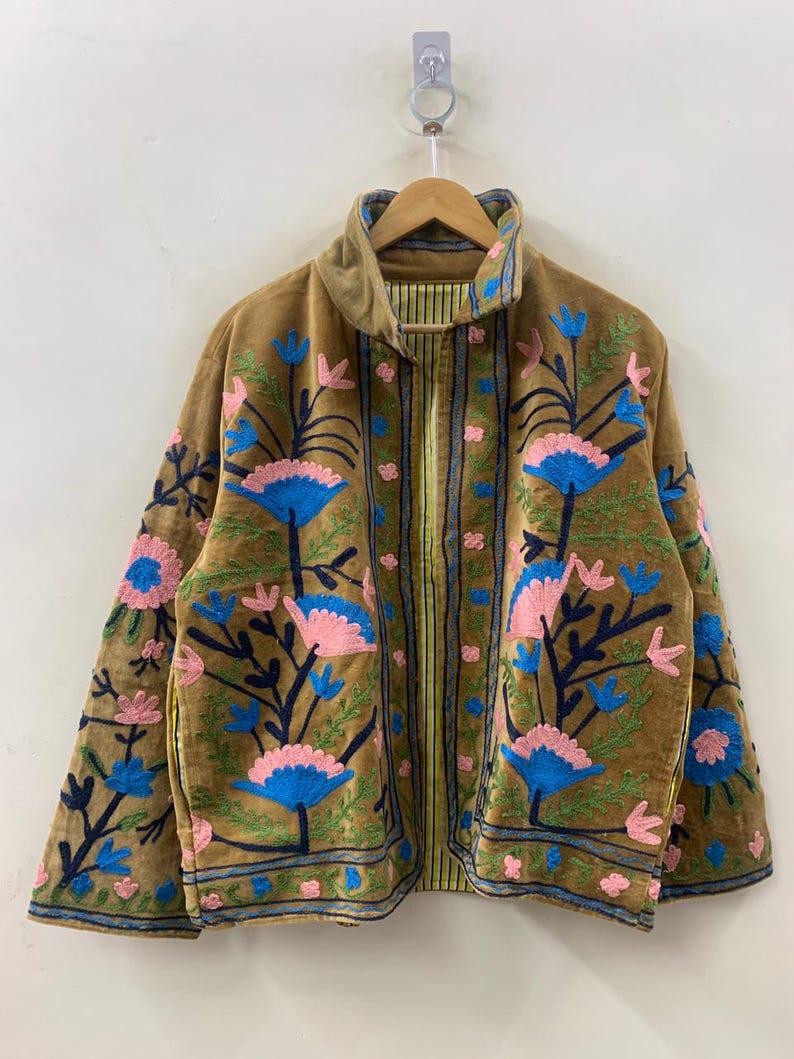 Floral Embroidered Velvet Suzani Jacket – Vintage-Inspired Artisan Coat-Gift For Her Bohozani