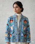 Sky Blue Handmade Floral Red Velvet Suzani Embroidered Jacket Bohozani