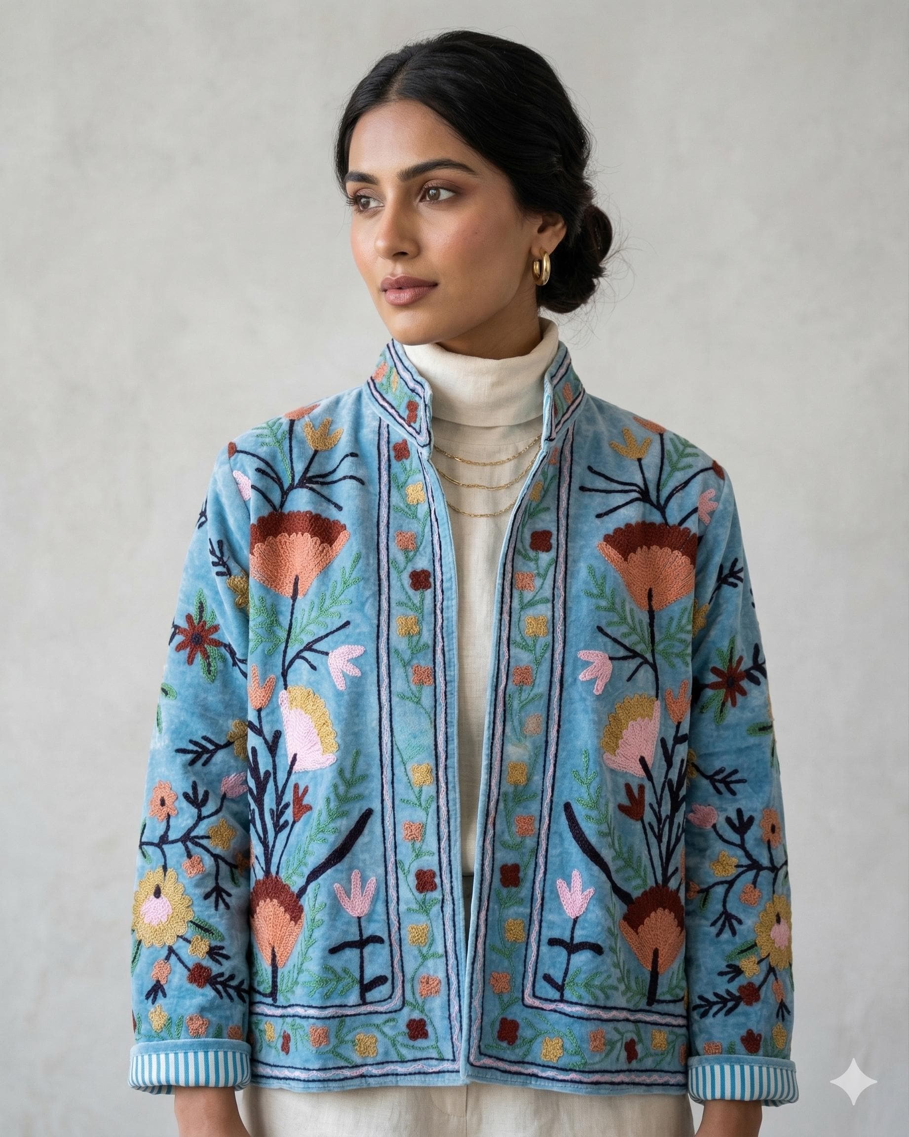 Sky Blue Handmade Floral Red Velvet Suzani Embroidered Jacket Bohozani