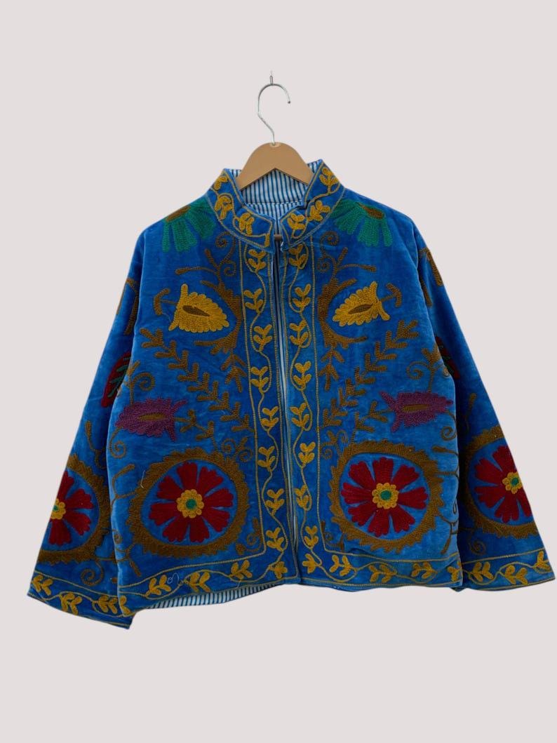 Velvet Blue Suzani Jacket – Hand-Embroidered Boho Ethnic Kimono Outerwear Bohozani