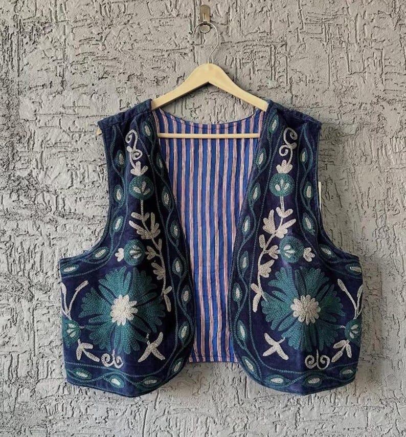 Handmade Suzani Velvet Vest | Embroidered Boho Jacket, Cotton Lined Ethnic Wear Bohozani