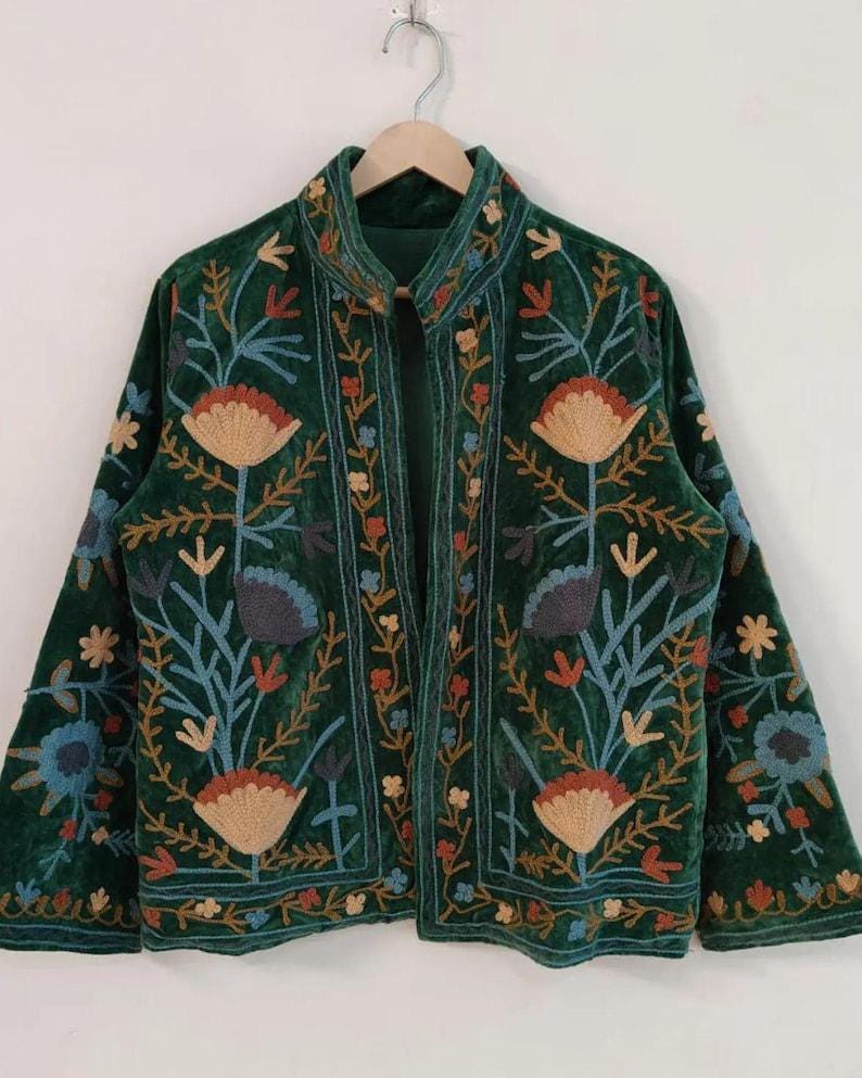 Green Velvet Suzani Embroidered Coat | Boho Folk Jacket Bohozani
