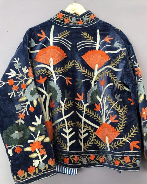 Blue Velvet Suzani Embroidered Jacket | Boho Floral Coat Bohozani