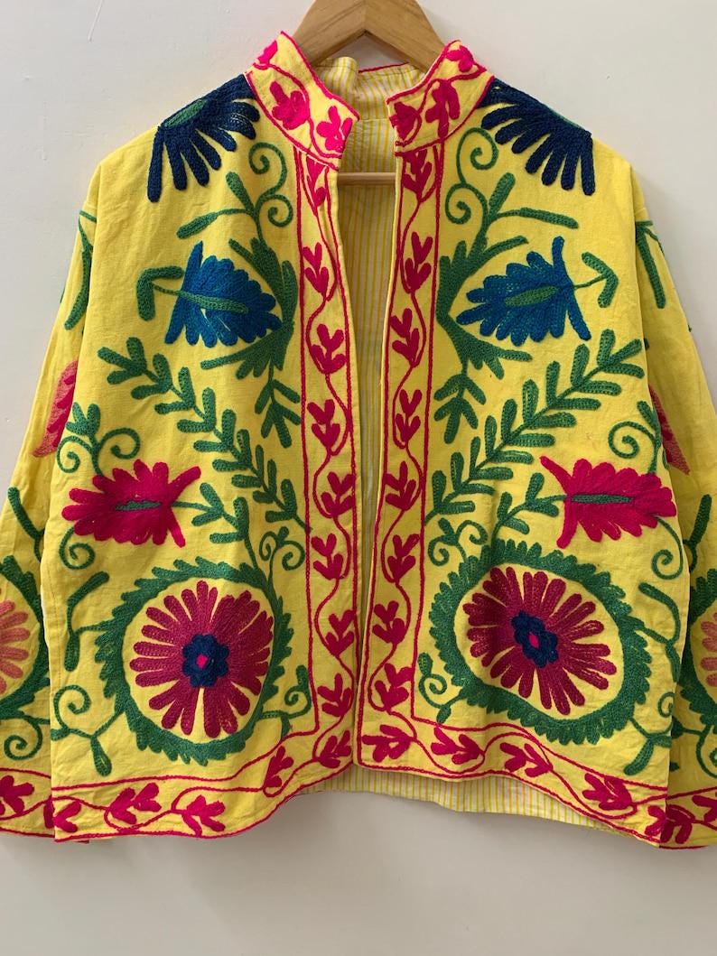 Yelow Suzani Embroidered Velvet Jacket – Boho Floral Kimono Coat Bohozani