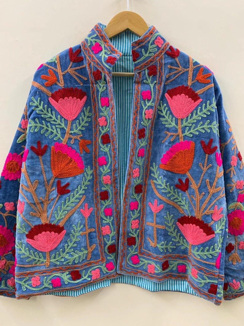 Black Velvet Suzani Embroidered Kimono Jacket | Boho Outerwear Bohozani