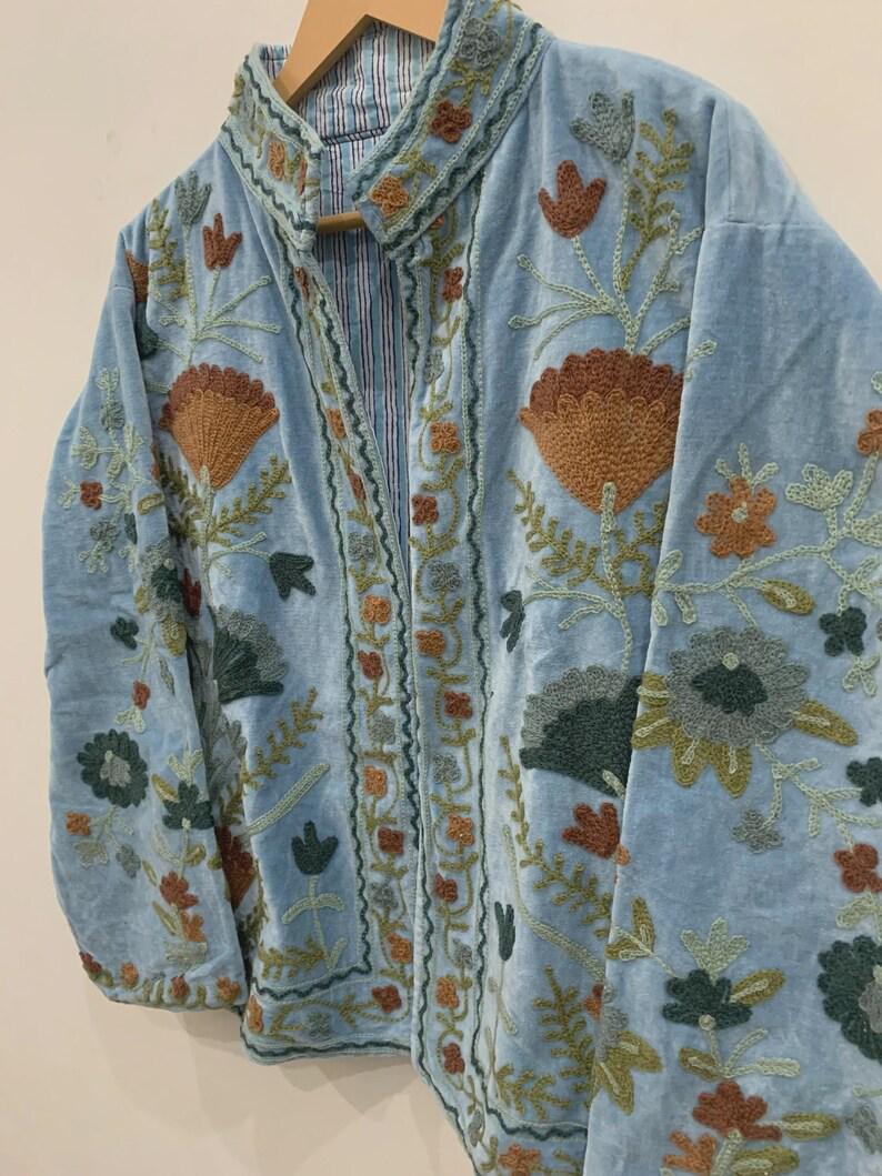 Floral Suzani Embroidered Velvet Jacket, Vintage Boho Coat Bohozani