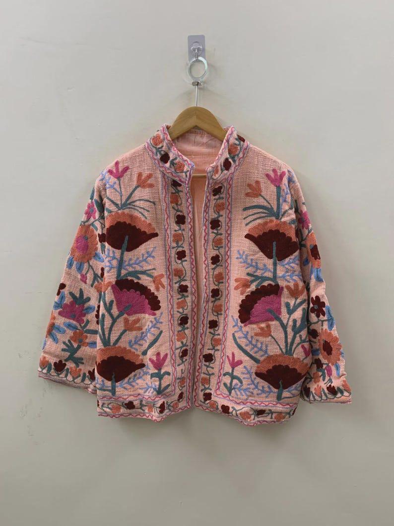 Embroidered Cotton Velvet Jacket | Floral Folk Art Boho Outerwear Bohozani