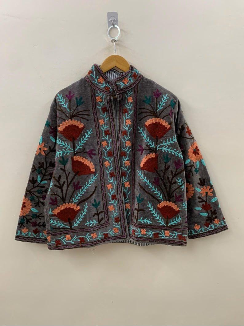 Velvet Suzani Floral Jacket | Hand-Embroidered Cropped Boho Outerwear Bohozani