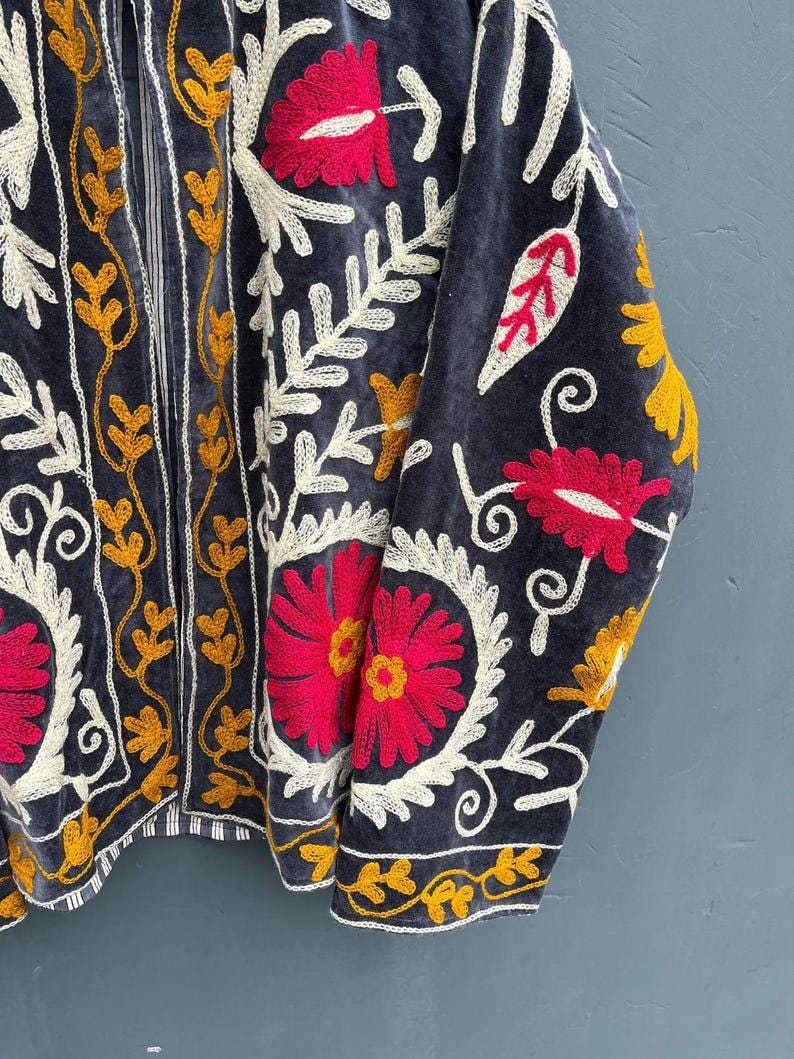 Embroidered Velvet Suzani Jacket | Handcrafted Floral Winter Coat Bohozani