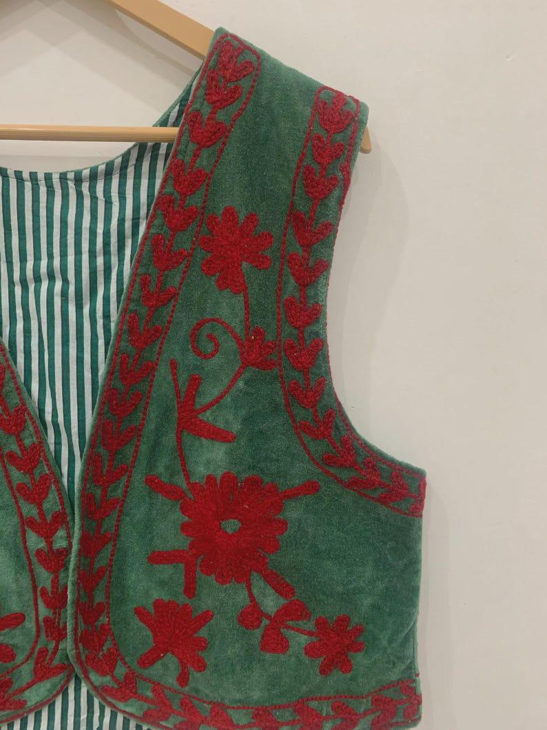 Green Suzani Velvet Vest | Hand-Embroidered Floral Sleeveless Jacket | Vintage-Inspired Festival & Statement Layer | Ethnic Waistcoat Bohozani