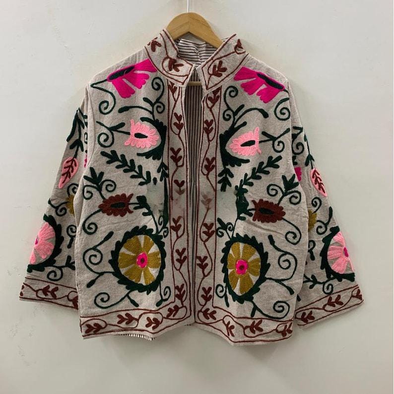 Hand-Embroidered Velvet Suzani Jacket, Floral Boho Cropped Coat Bohozani