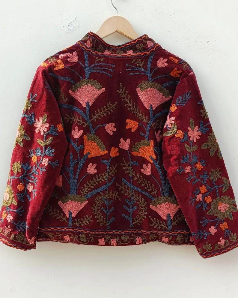 Handmade Velvet Suzani Jacket | Embroidered Floral Bohemian Coat Bohozani