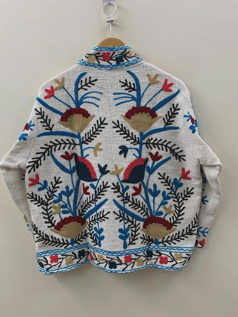 Bohemian Embroidered Cotton Jacket, Floral Folk Art Suzani Coat Bohozani