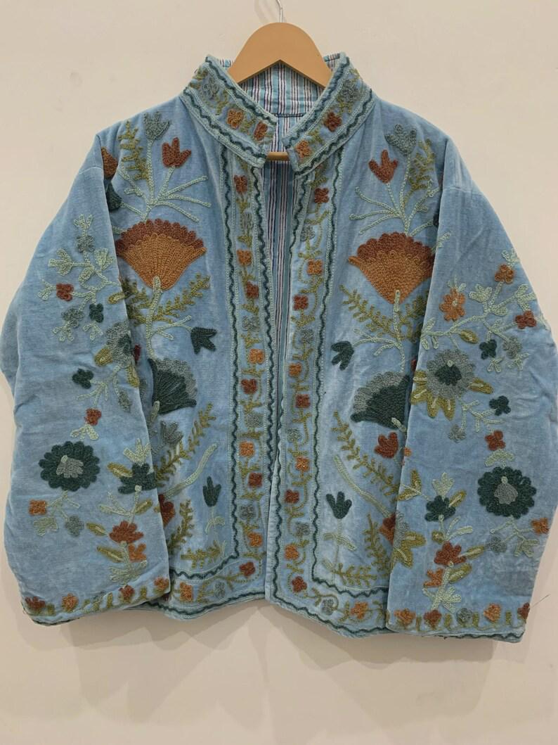 Floral Suzani Embroidered Velvet Jacket, Vintage Boho Coat Bohozani
