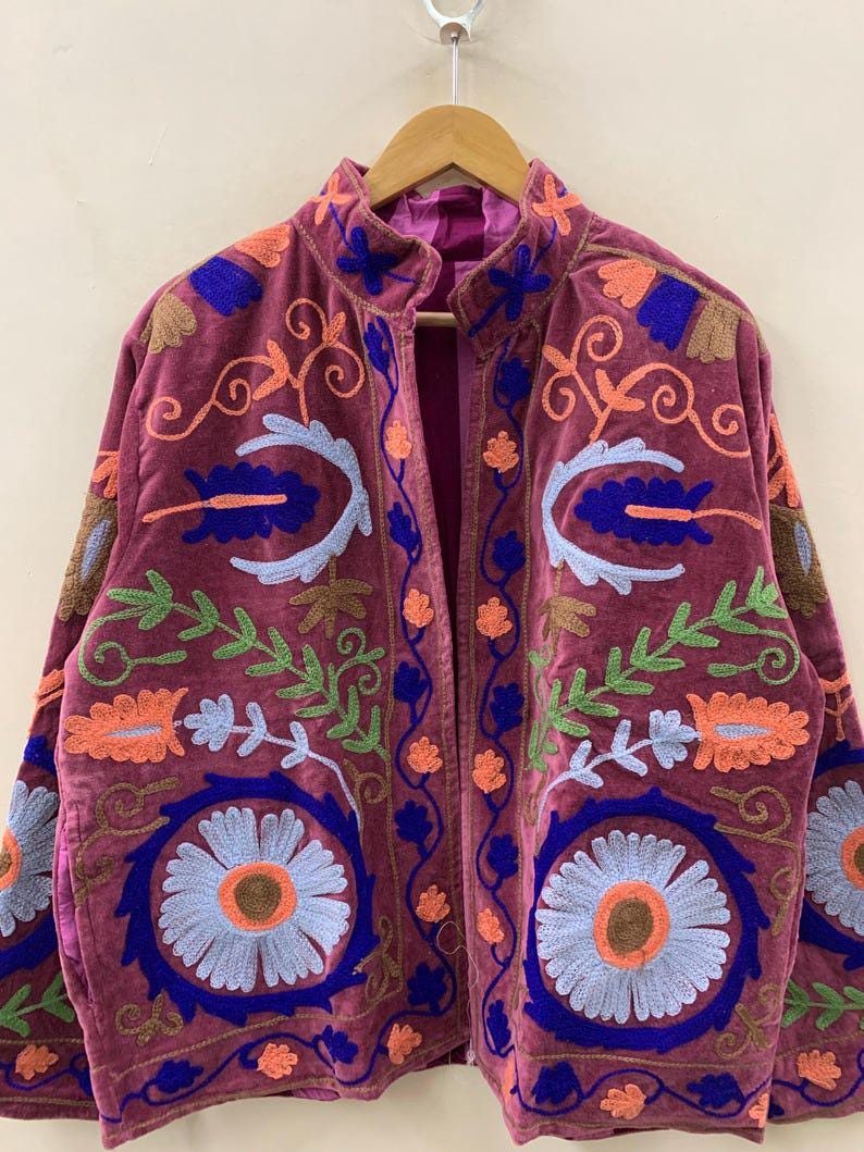 Unique Handmade Floral Velvet Suzani Embroidered Jacket Bohozani
