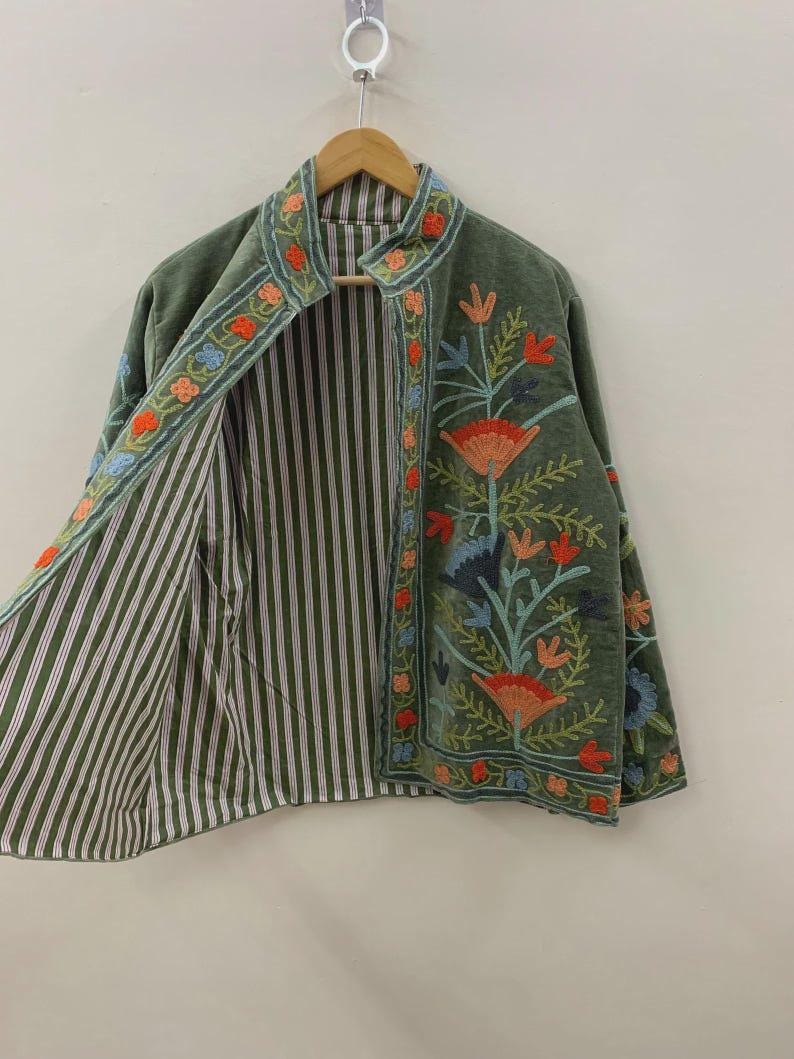 NEW COLLECTION Green Hand-Embroidered Velvet Suzani Jacket – Boho Ethnic Kimono Outerwear Gifr For Mom Bohozani