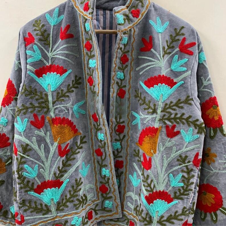 Grey Suzani Velvet Jacket | Embroidered Floral Folk Art Coat Bohozani