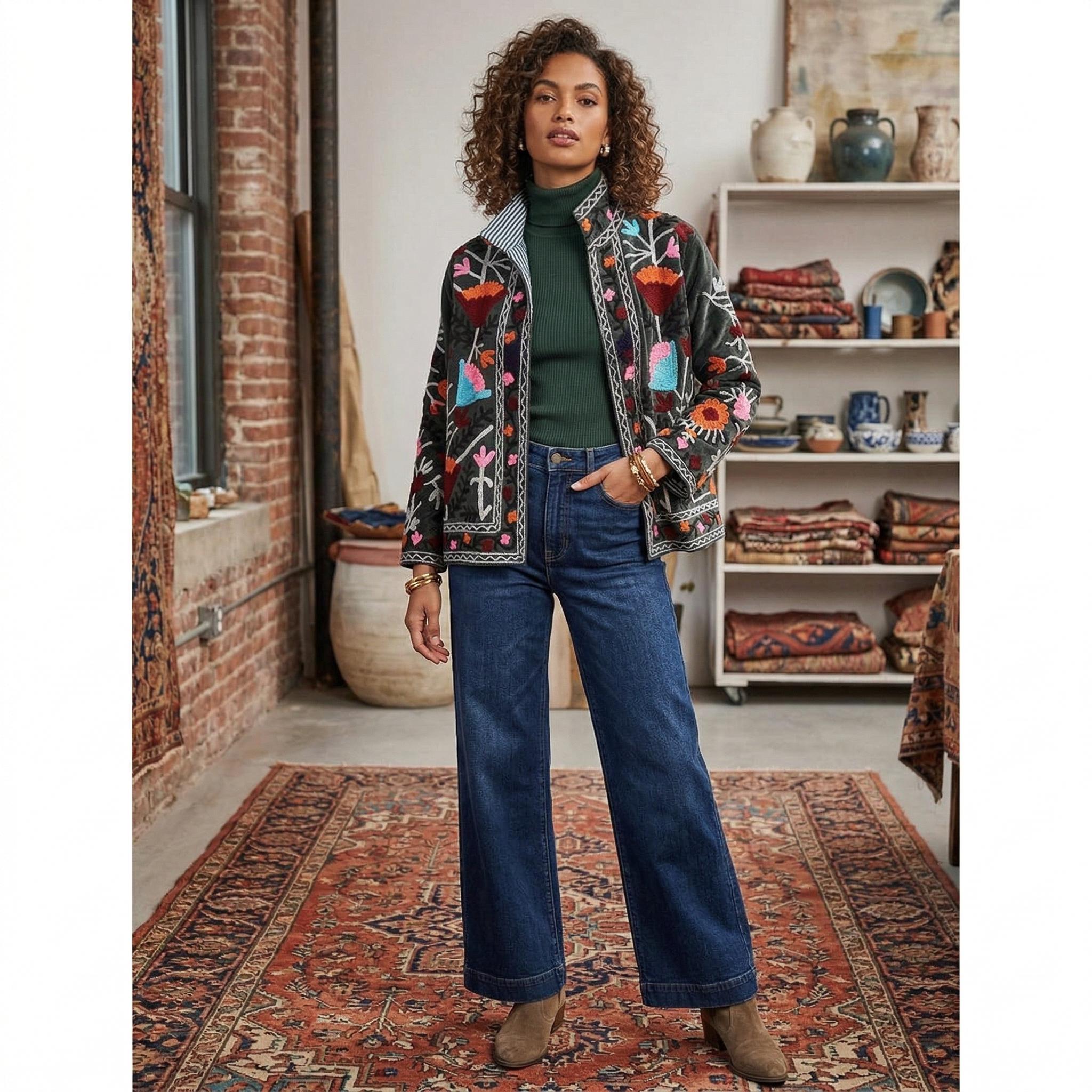 Embroidered Velvet Kimono Jacket | Suzani Floral Boho Outerwear Bohozani