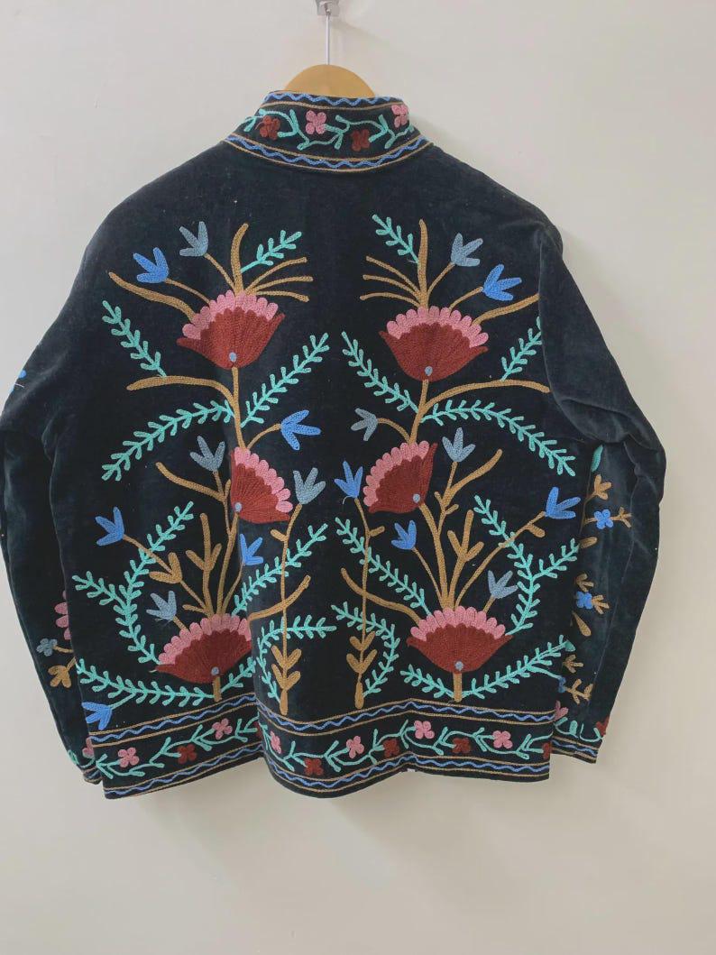 Bohemian Suzani Embroidered Velvet Jacket | Short Floral Ethnic Kimono Coat Bohozani