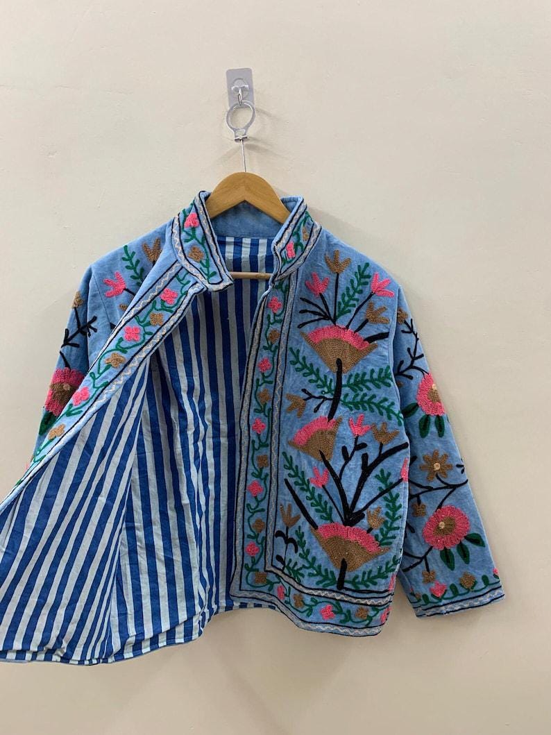 Blue Color Velvet Suzani Jacket – Hand-Embroidered Boho Ethnic Kimono Outerwear Bohozani