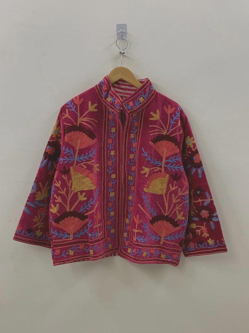 Embroidered Velvet Kimono Jacket | Suzani Floral Boho Outerwear Bohozani