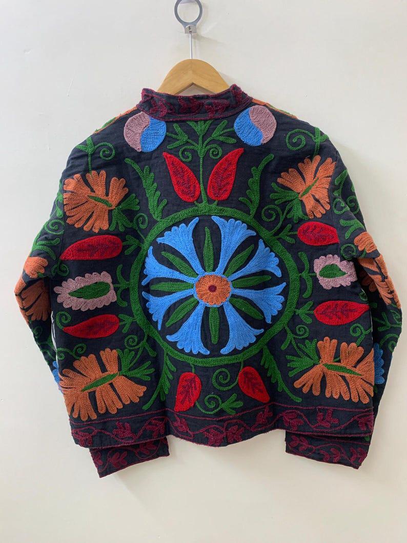 Handmade Suzani Embroidered Cotton Jacket, Bohemian Floral Coat Bohozani