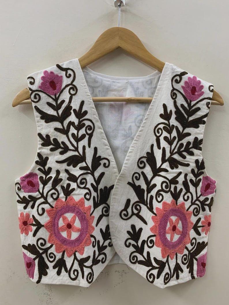 Hand-Embroidered Suzani Velvet Vest: Boho Floral Waistcoat, Cotton Lined Jacket Bohozani