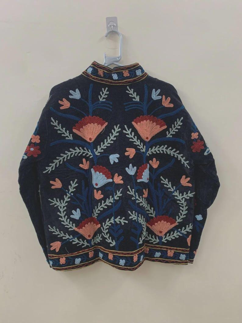 Grey Suzani Velvet Jacket | Embroidered Floral Folk Art Coat Bohozani