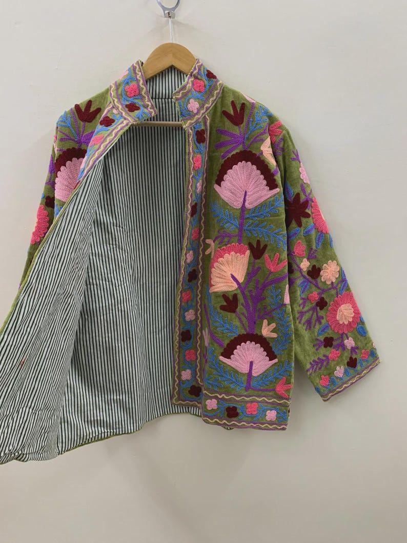 Antique Handmade Velvet Suzani Jacket – Hand-Embroidered Boho Ethnic Kimono Outerwear Bohozani