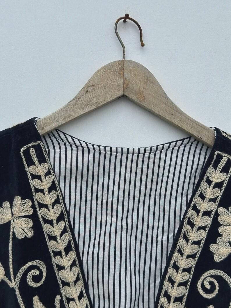 Black Velvet Suzani Vest | Embroidered Floral Boho Waistcoat, Cotton Lined Jacket Bohozani