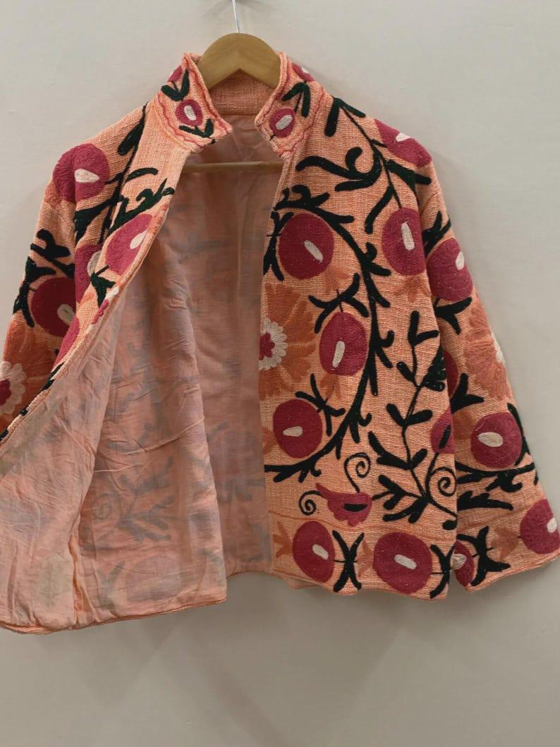 Bohemian Suzani Embroidered Cotton Jacket, Floral Folk Art Short Coat Bohozani