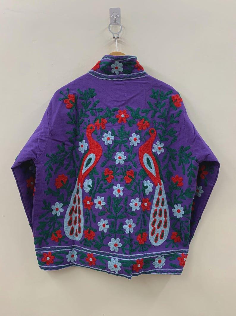 Purple Velvet Suzani Embroidered Jacket | Peacock Floral Coat Bohozani