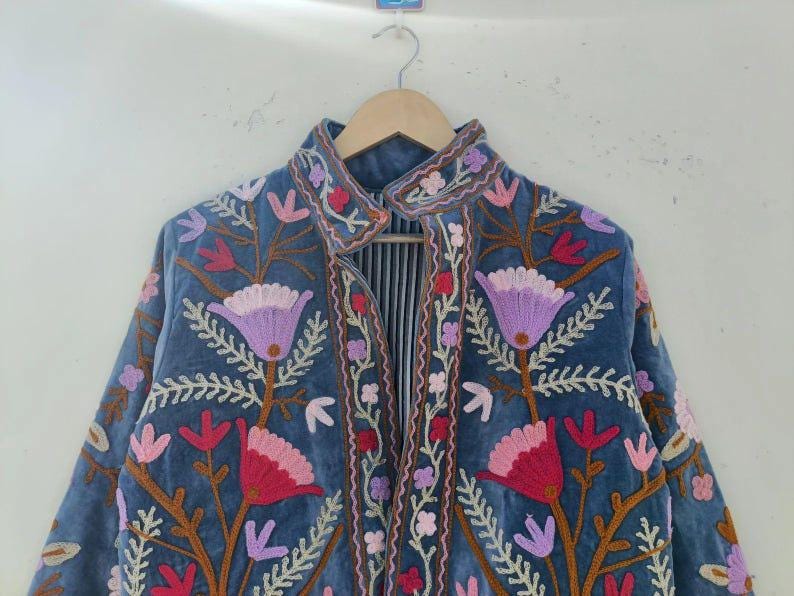 Floral Suzani Velvet Jacket, Hand-Embroidered Boho Ethnic Chic Outerwear Bohozani