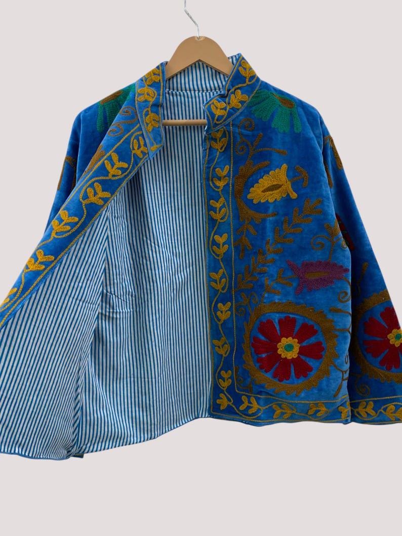 Velvet Blue Suzani Jacket – Hand-Embroidered Boho Ethnic Kimono Outerwear Bohozani