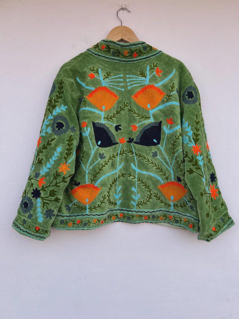 Green Handmade Velvet Suzani Kimono Jacket | Embroidered Uzbek Coat | Gift For Her Bohozani