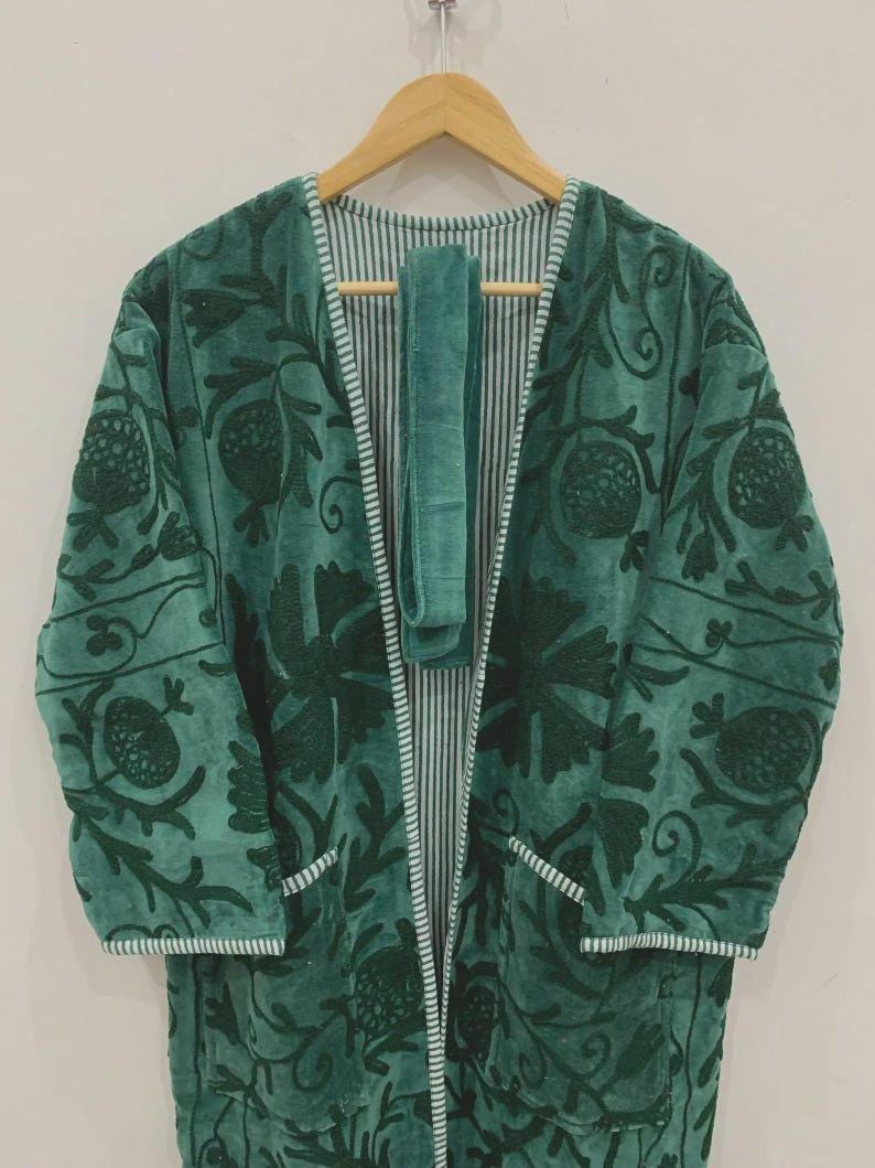 Hand-Embroidered Velvet Suzani Kimono Robe | Boho Floral Uzbek Duster Jacket Bohozani