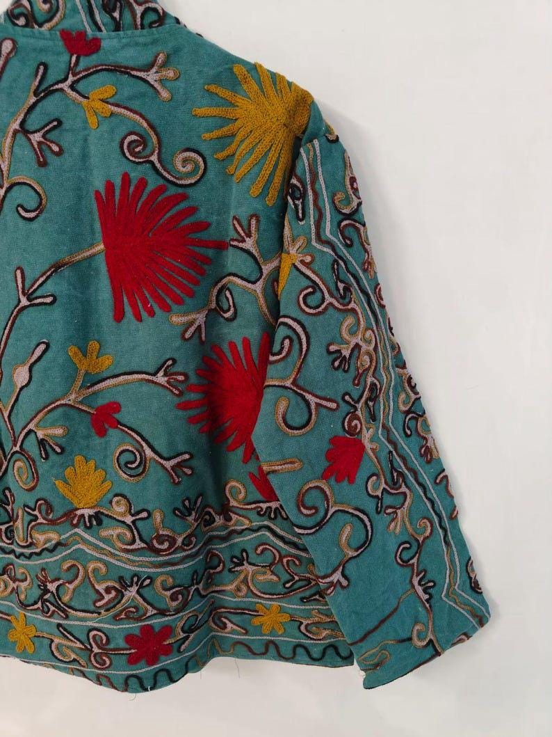 Velvet Suzani Embroidered Cropped Jacket | Uzbek Floral Bohemian Outerwear Bohozani