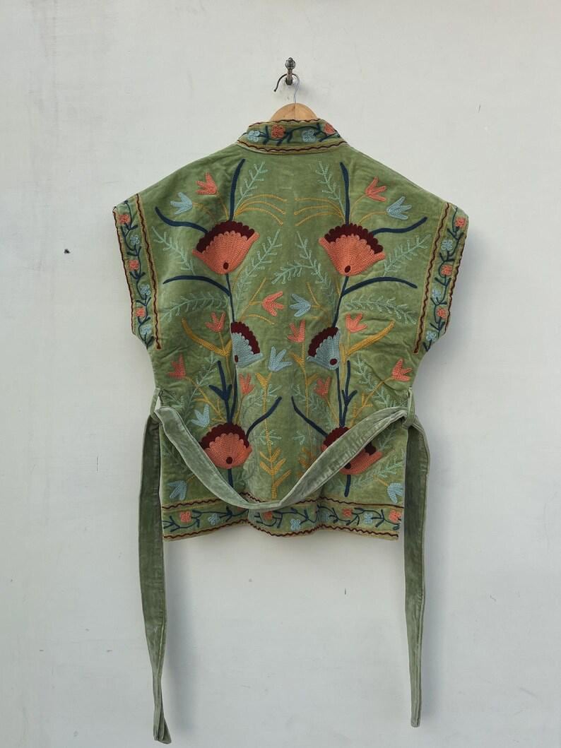 Green Velvet Suzani Embroidered Vest with Belt – Boho Festival Waistcoat Bohozani