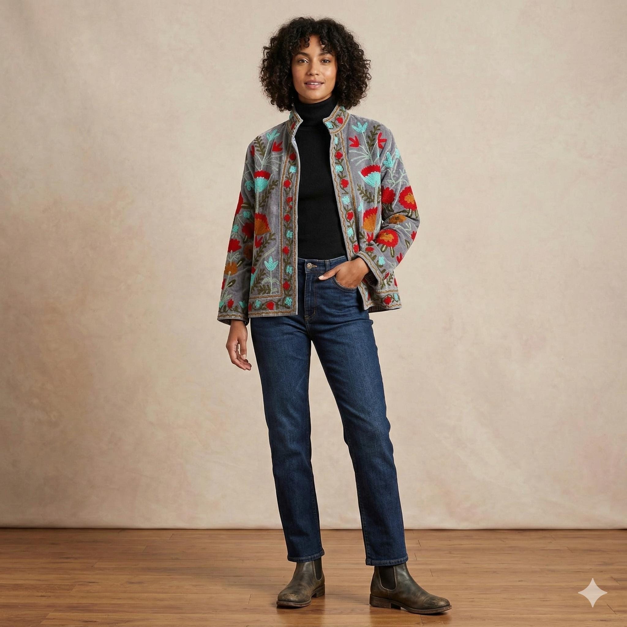 Embroidered Velvet Cropped Jacket | Colorful Suzani Floral Outerwear Bohozani