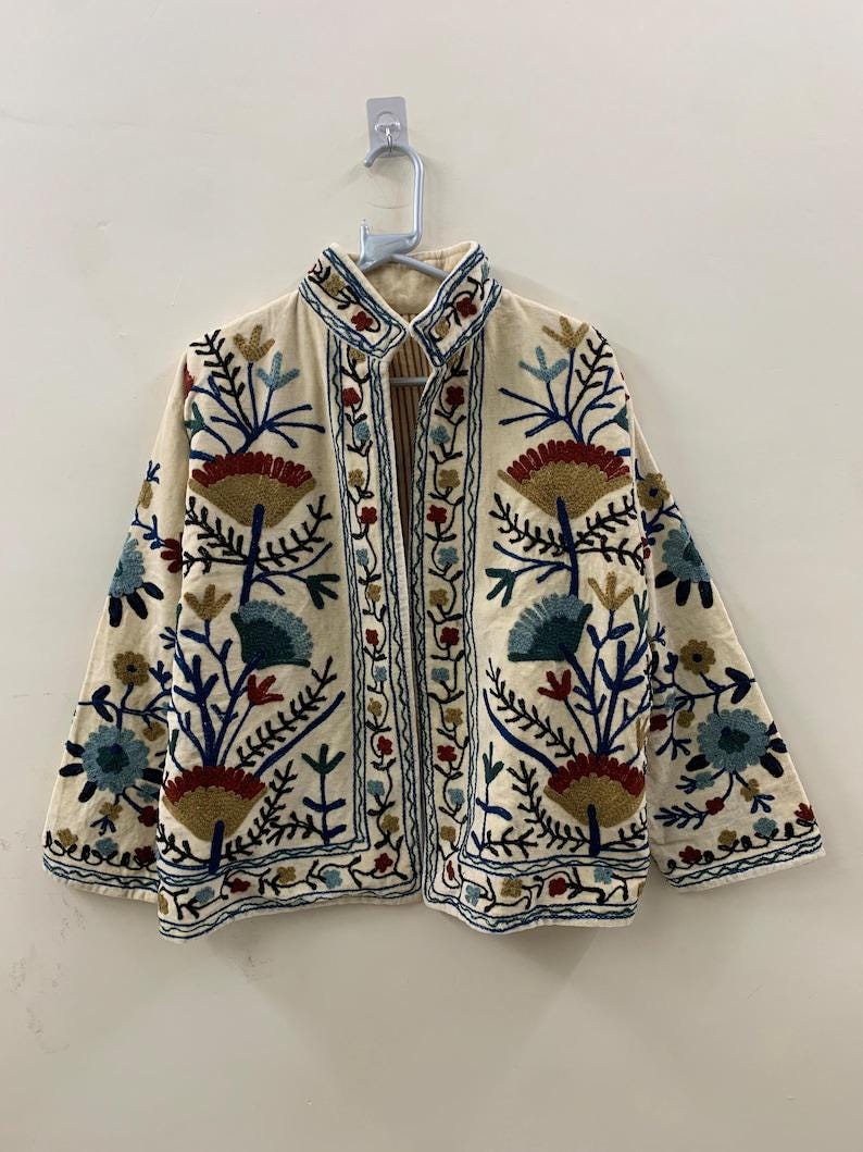 White Velvet Suzani Jacket – Hand-Embroidered Boho Ethnic Kimono Outerwear Bohozani