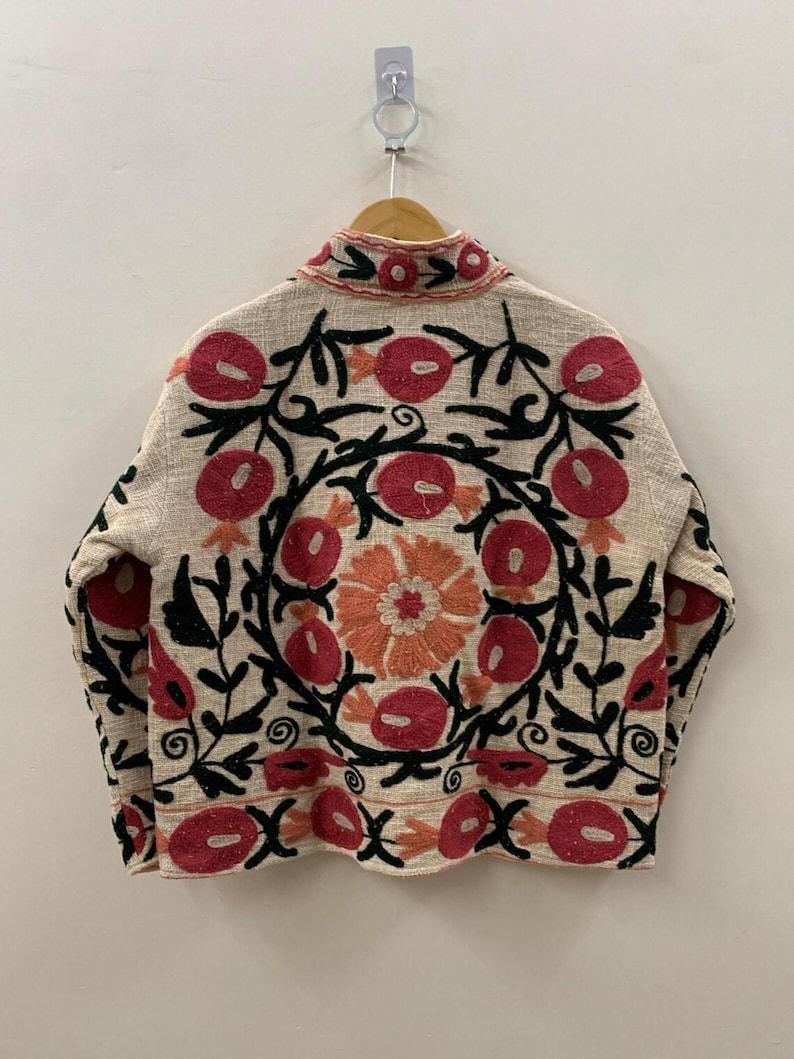 Bohemian Suzani Embroidered Cotton Jacket, Floral Overcoat Bohozani